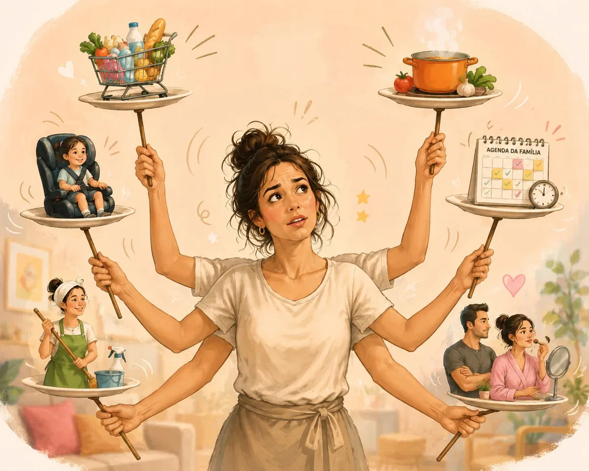 Mulher sobrecarregada equilibrando tarefas da casa